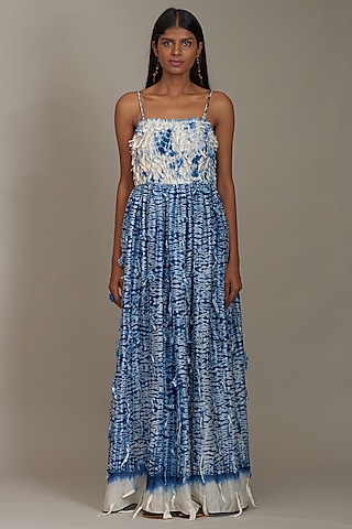 Blue Cotton Silk Shibori Corset Dress by Payal Jain