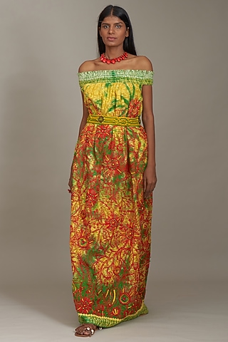 Multi-Colored Textured Cotton Off-Shoulder Tie-Dyed Dress by Payal Jain