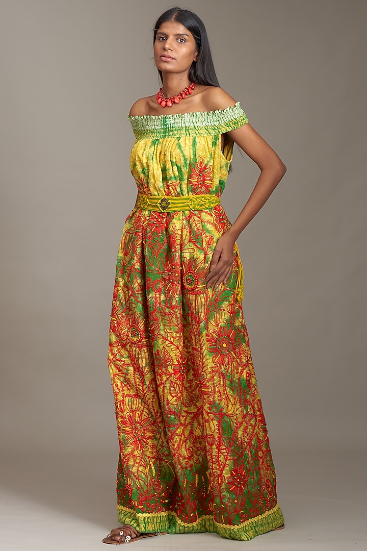 Multi-Colored Textured Cotton Off-Shoulder Tie-Dyed Cocktail Dress by Payal Jain at Pernia's Pop Up Shop