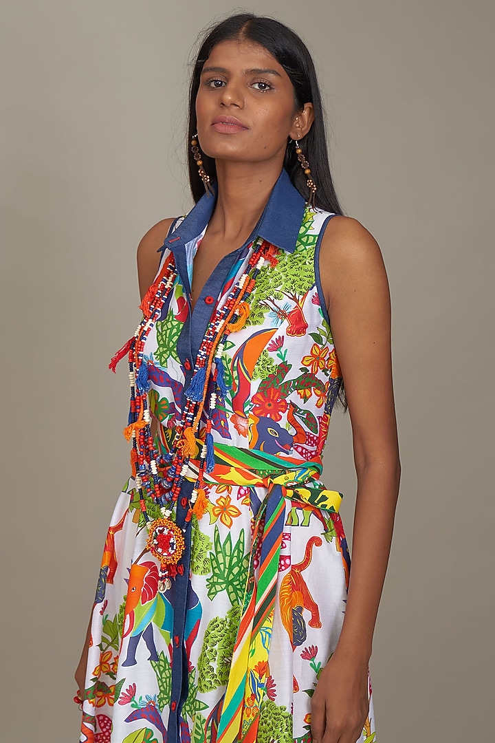 Off-White Cotton Silk Printed Summer Shirt Dress by Payal Jain at Pernia's Pop Up Shop