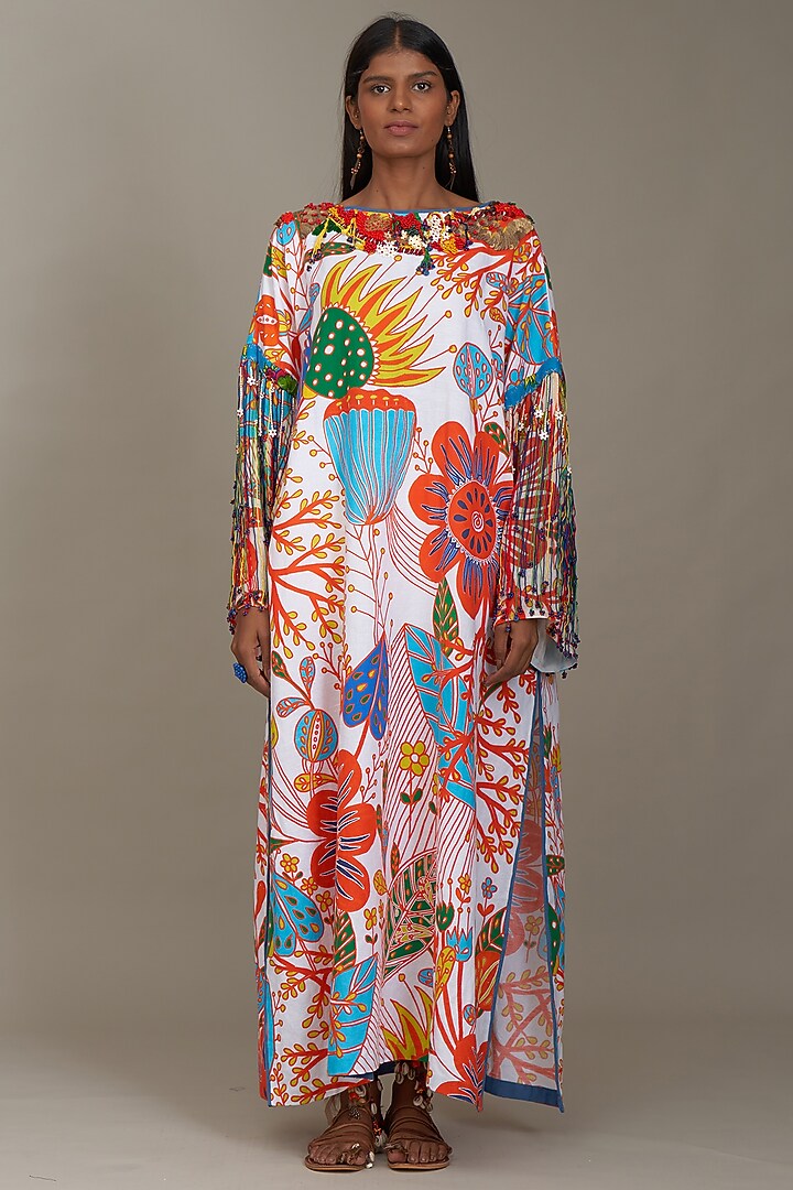 Off-White Linen Printed Kaftan Dress by Payal Jain at Pernia's Pop Up Shop