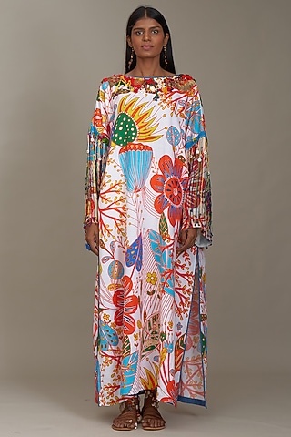 Off-White Linen Printed Kaftan Dress by Payal Jain