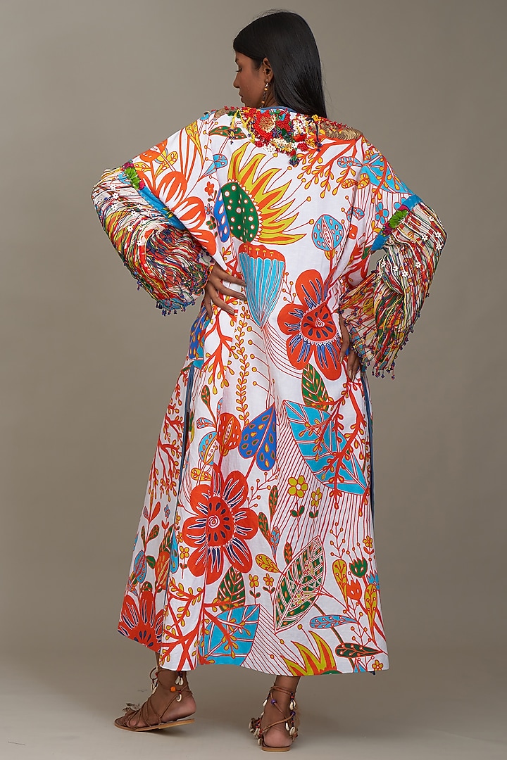 Off-White Linen Printed Kaftan Dress by Payal Jain at Pernia's Pop Up Shop