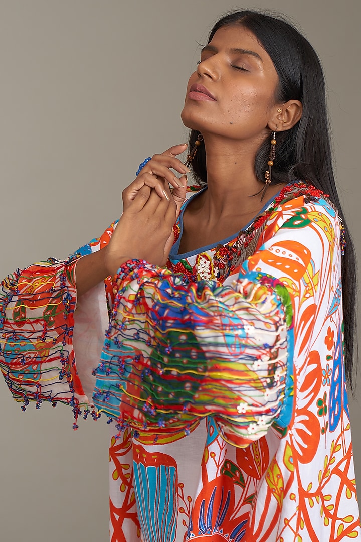 Off-White Linen Printed Kaftan Dress by Payal Jain at Pernia's Pop Up Shop