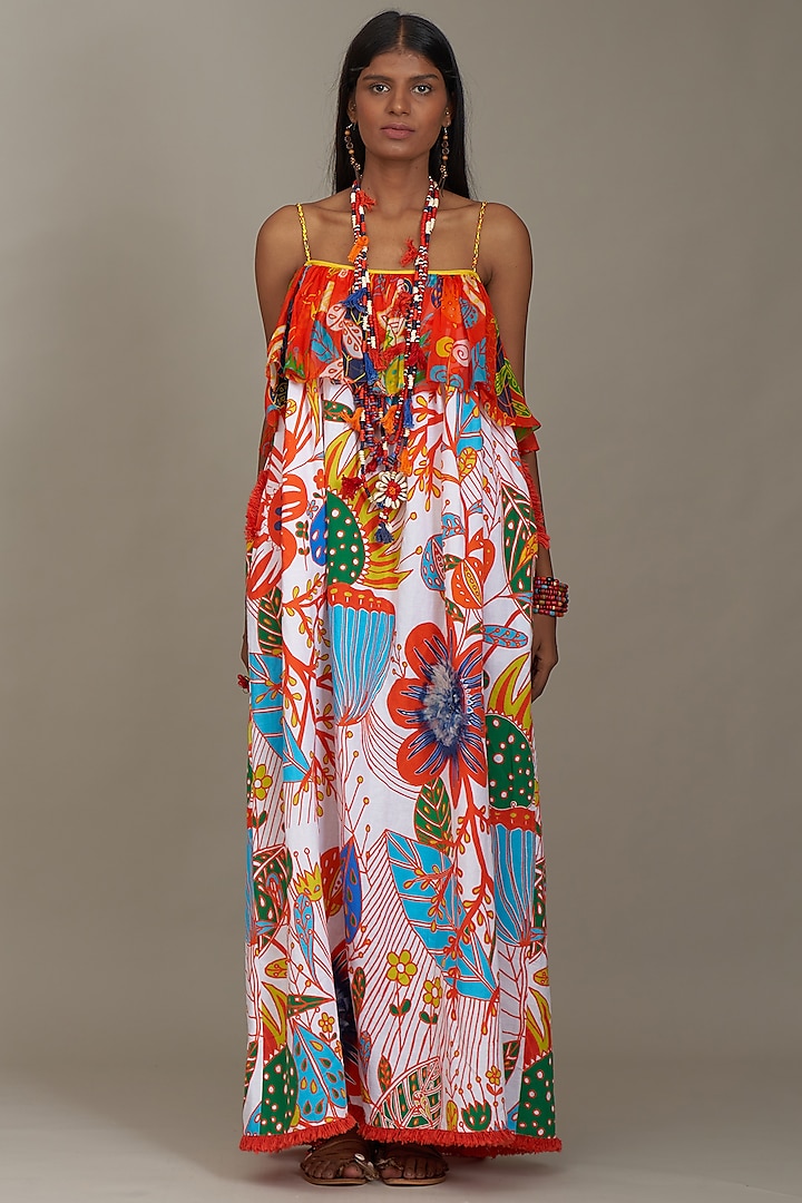 Off-White Linen Printed Spaghetti Dress by Payal Jain at Pernia's Pop Up Shop