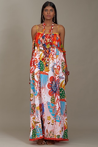 Off-White Linen Printed Spaghetti Dress by Payal Jain