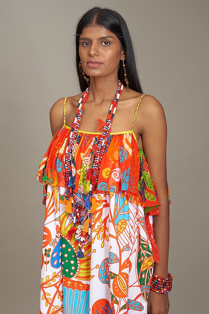 Off-White Linen Printed Spaghetti Vacation Dress by Payal Jain at Pernia's Pop Up Shop