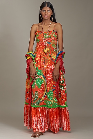 Orange Cotton Silk & Cotton Printed Spaghetti Dress by Payal Jain