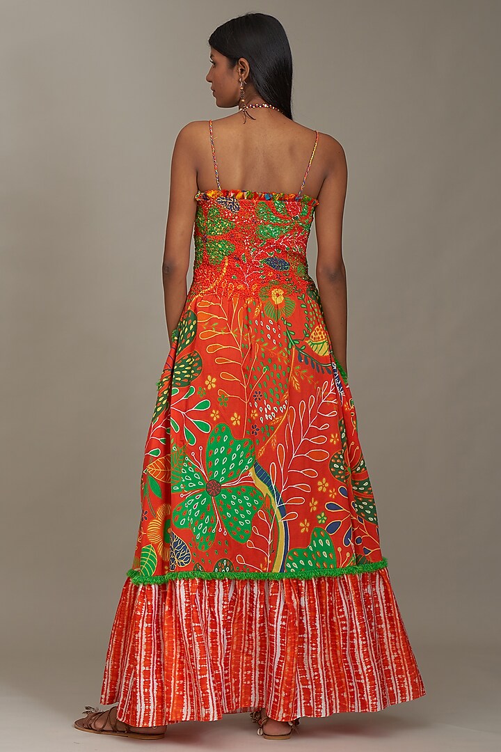 Orange Cotton Silk & Cotton Printed Spaghetti Vacation Dress by Payal Jain at Pernia's Pop Up Shop