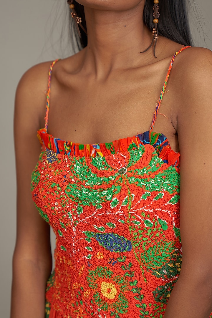 Orange Cotton Silk & Cotton Printed Spaghetti Vacation Dress by Payal Jain at Pernia's Pop Up Shop