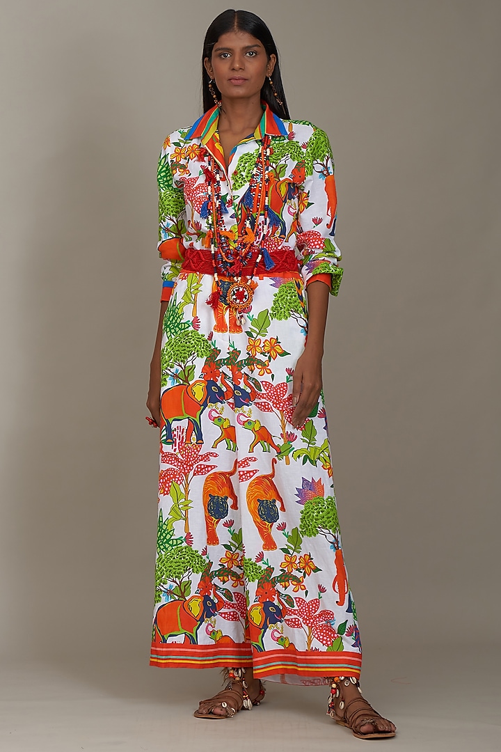 Off-White Linen Printed Jumpsuit by Payal Jain at Pernia's Pop Up Shop