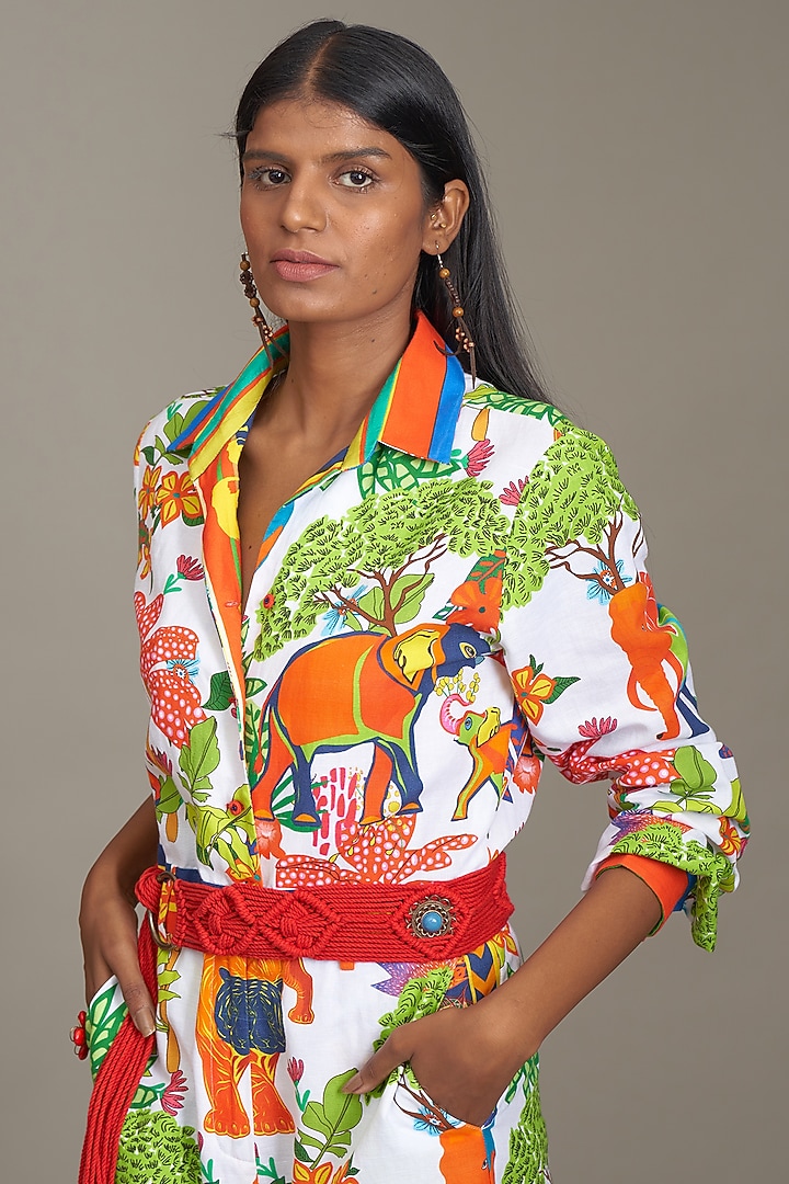 Off-White Linen Printed Jumpsuit by Payal Jain at Pernia's Pop Up Shop