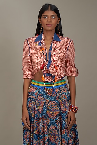 Red Cotton Embroidered Shirt by Payal Jain