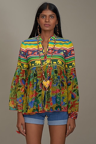 Green Cotton & Organza Printed Top by Payal Jain