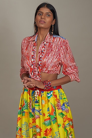 Red Viscose Satin Printed Shirt by Payal Jain