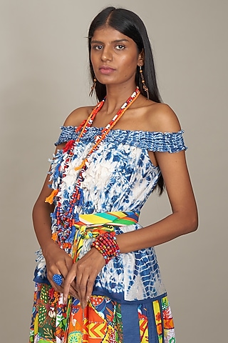 Blue Cotton Silk Shibori Off-Shoulder Top by Payal Jain