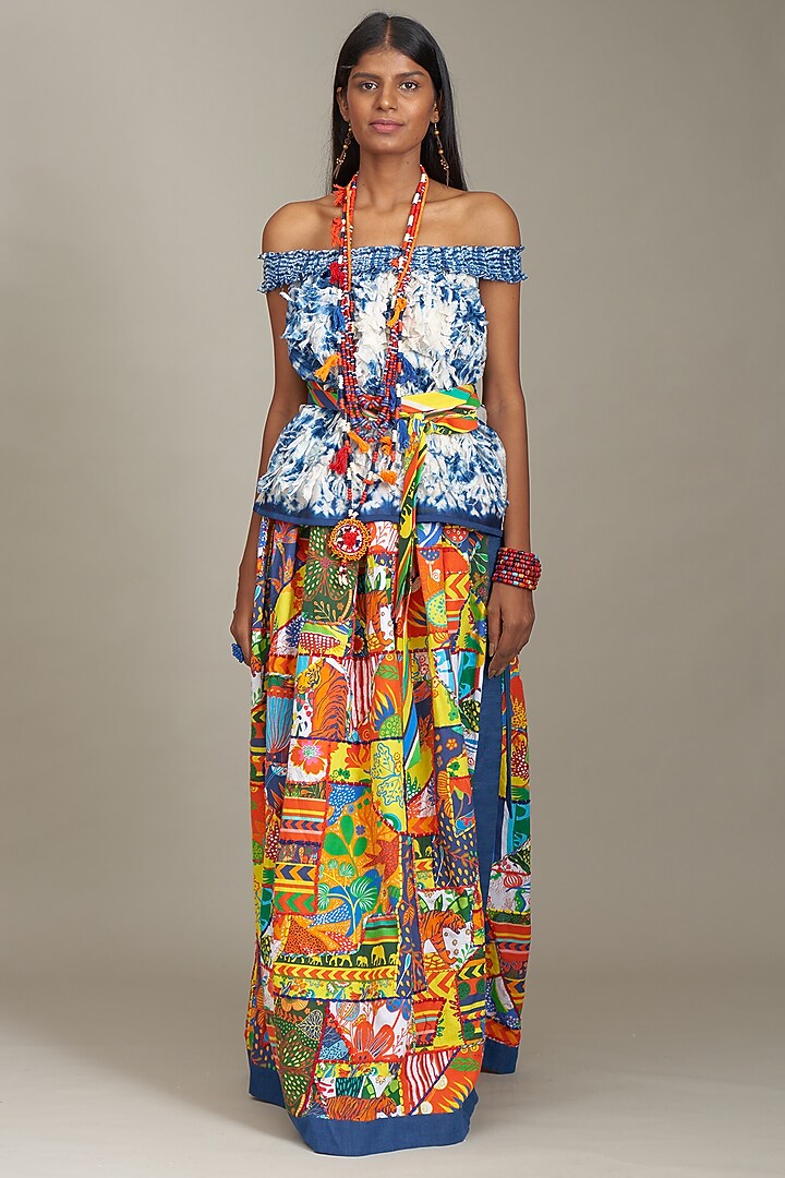 Blue Cotton Silk Shibori Off-Shoulder Top by Payal Jain at Pernia's Pop Up Shop