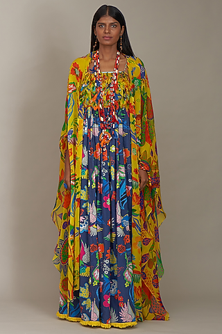 Yellow Organza Printed Cape by Payal Jain