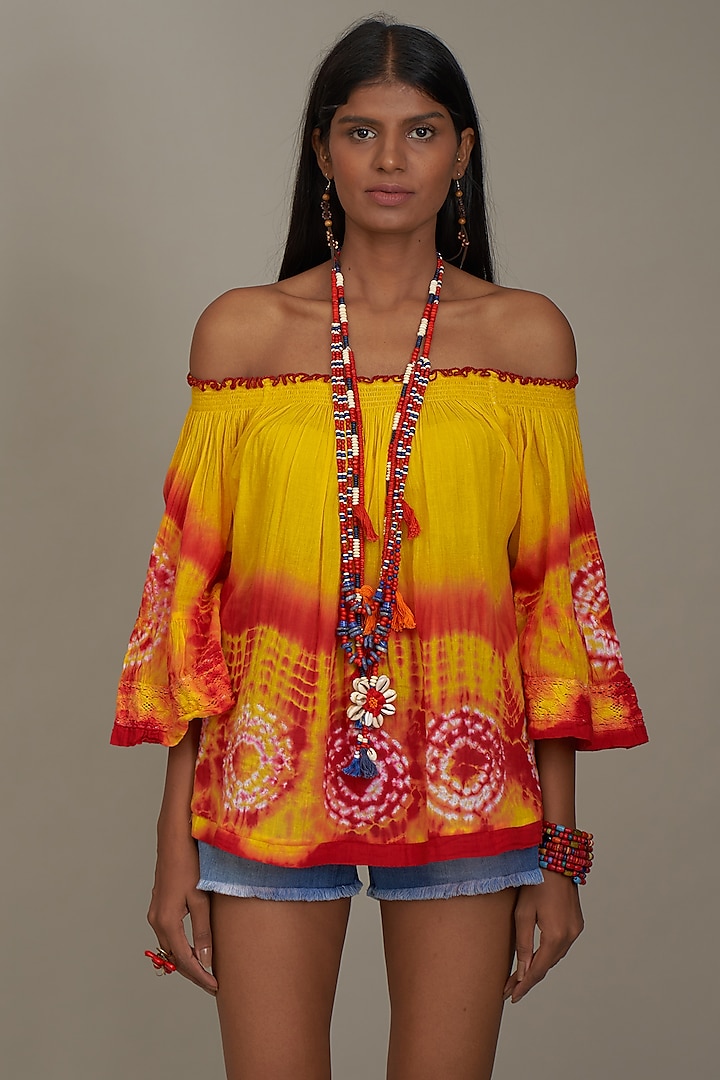Yellow & Red Cotton Tie-Dyed Top by Payal Jain