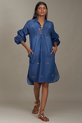 Blue Denim Embroidered Tunic by Payal Jain
