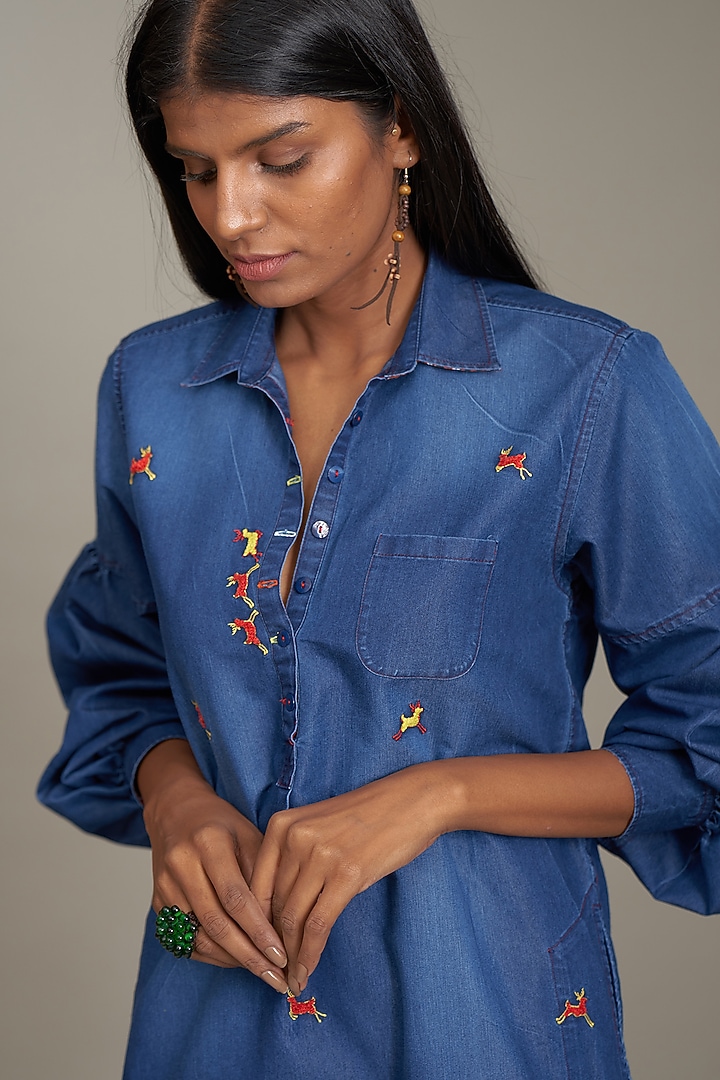 Blue Denim Embroidered Tunic by Payal Jain at Pernia's Pop Up Shop