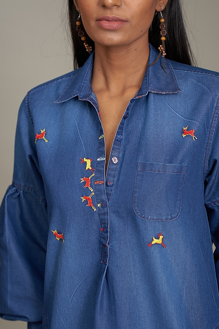 Blue Denim Embroidered Tunic by Payal Jain at Pernia's Pop Up Shop