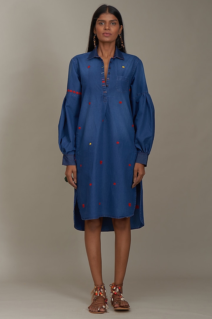 Blue Denim Embroidered Tunic by Payal Jain