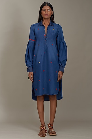 Blue Denim Embroidered Tunic by Payal Jain