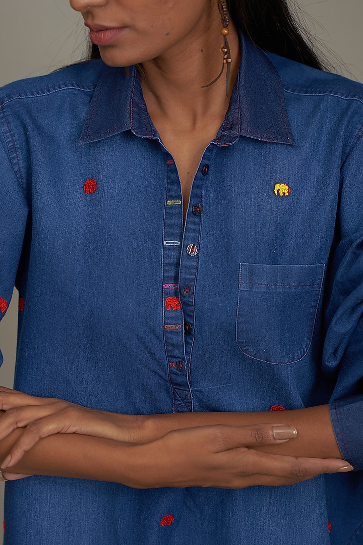 Blue Denim Embroidered Tunic by Payal Jain at Pernia's Pop Up Shop