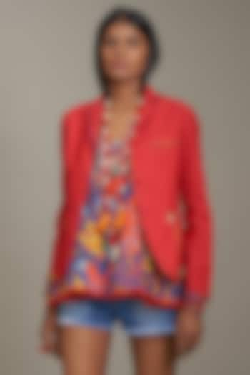 Red Denim Embroidered Jacket by Payal Jain at Pernia's Pop Up Shop