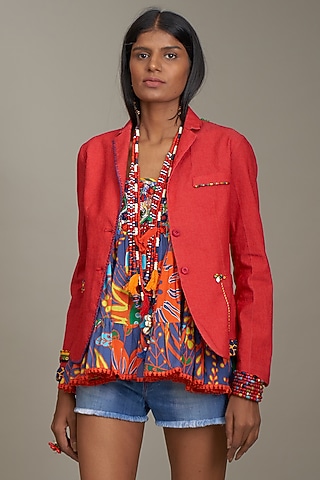 Red Denim Embroidered Jacket by Payal Jain
