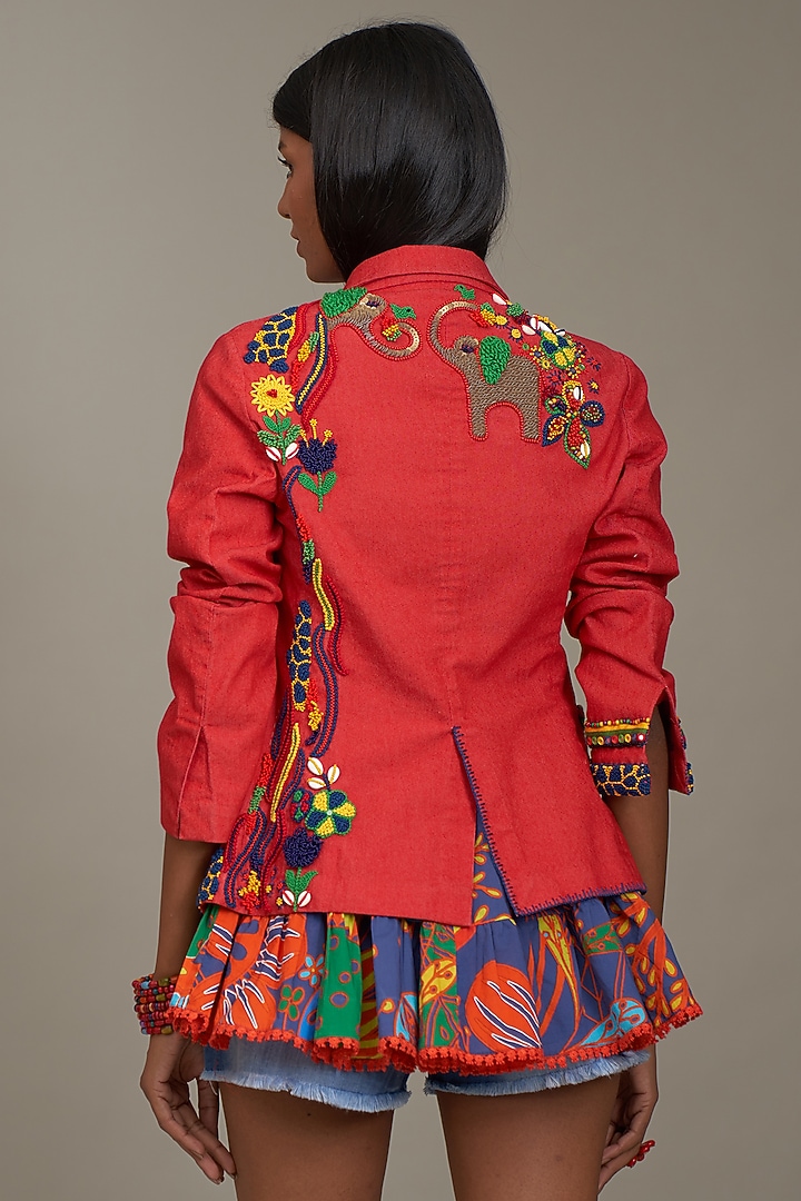 Red Denim Embroidered Jacket by Payal Jain at Pernia's Pop Up Shop