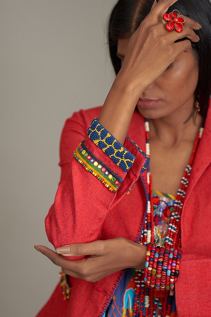 Red Denim Embroidered Jacket by Payal Jain at Pernia's Pop Up Shop