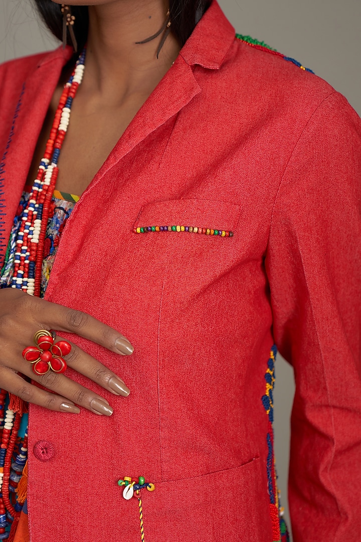 Red Denim Embroidered Jacket by Payal Jain at Pernia's Pop Up Shop