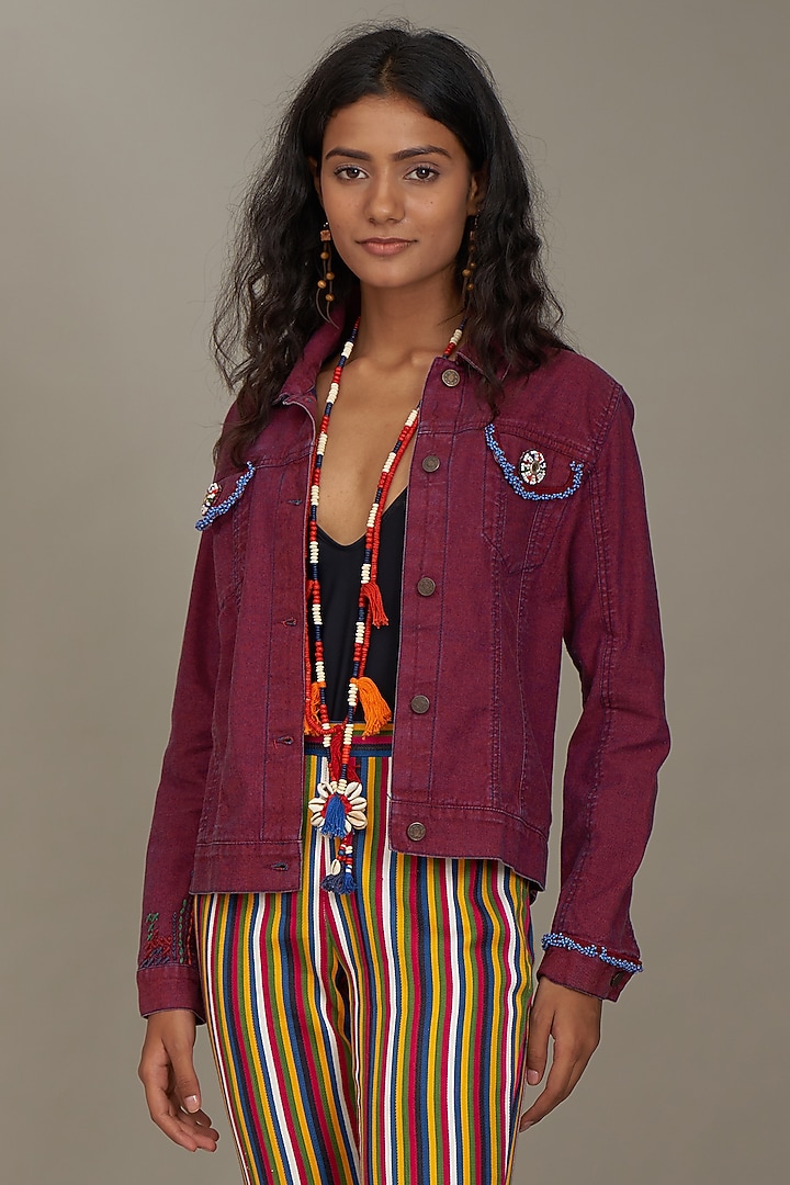 Burgundy Denim Embroidered Jacket by Payal Jain at Pernia's Pop Up Shop