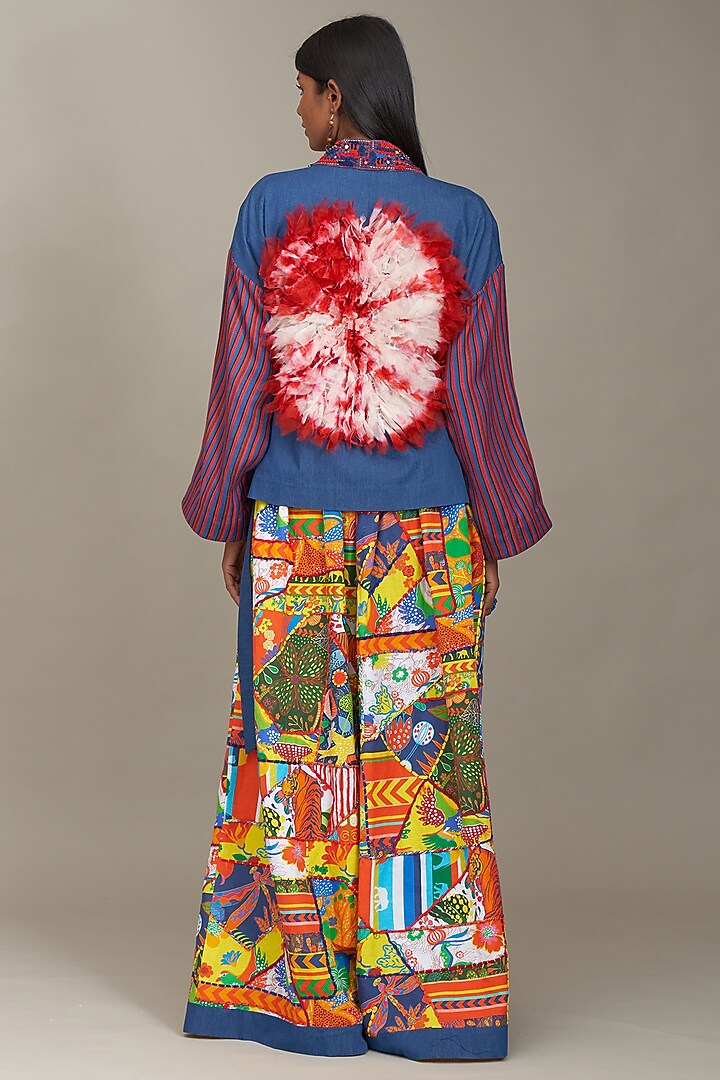 Blue Denim Printed & Embroidered Cape by Payal Jain at Pernia's Pop Up Shop