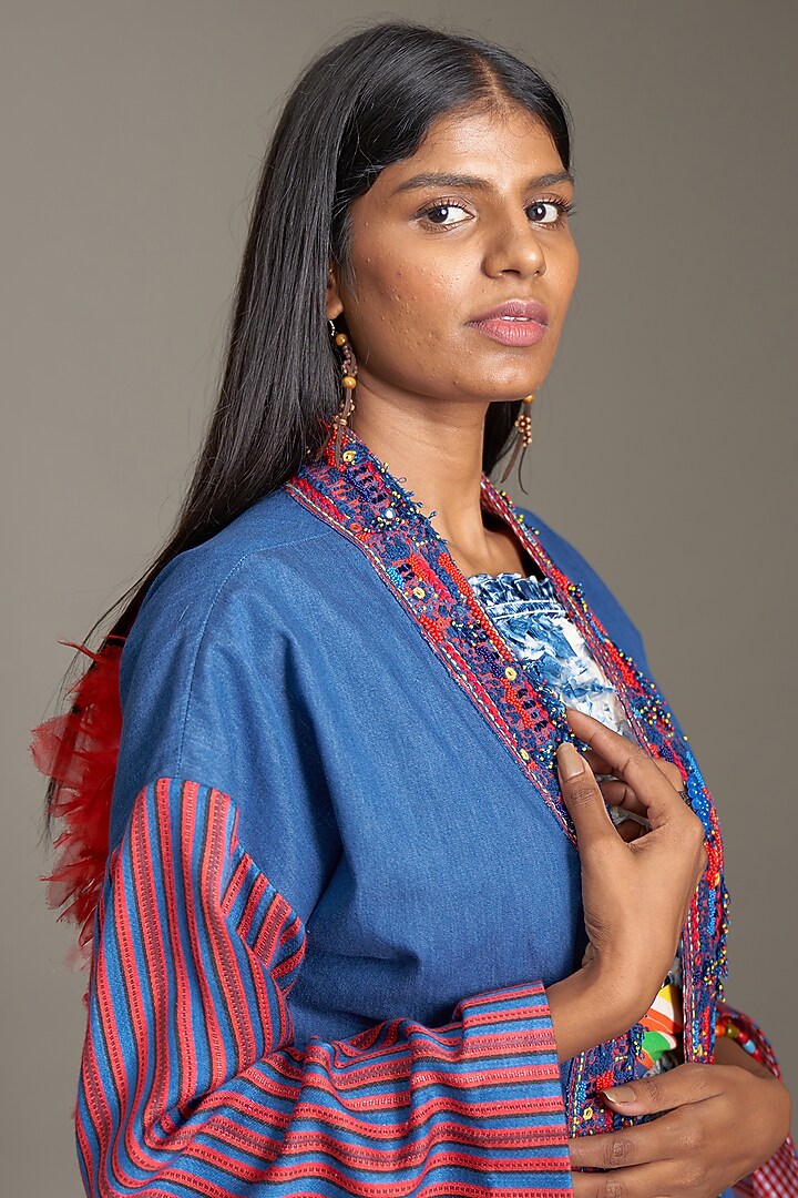 Blue Denim Printed & Embroidered Cape by Payal Jain at Pernia's Pop Up Shop