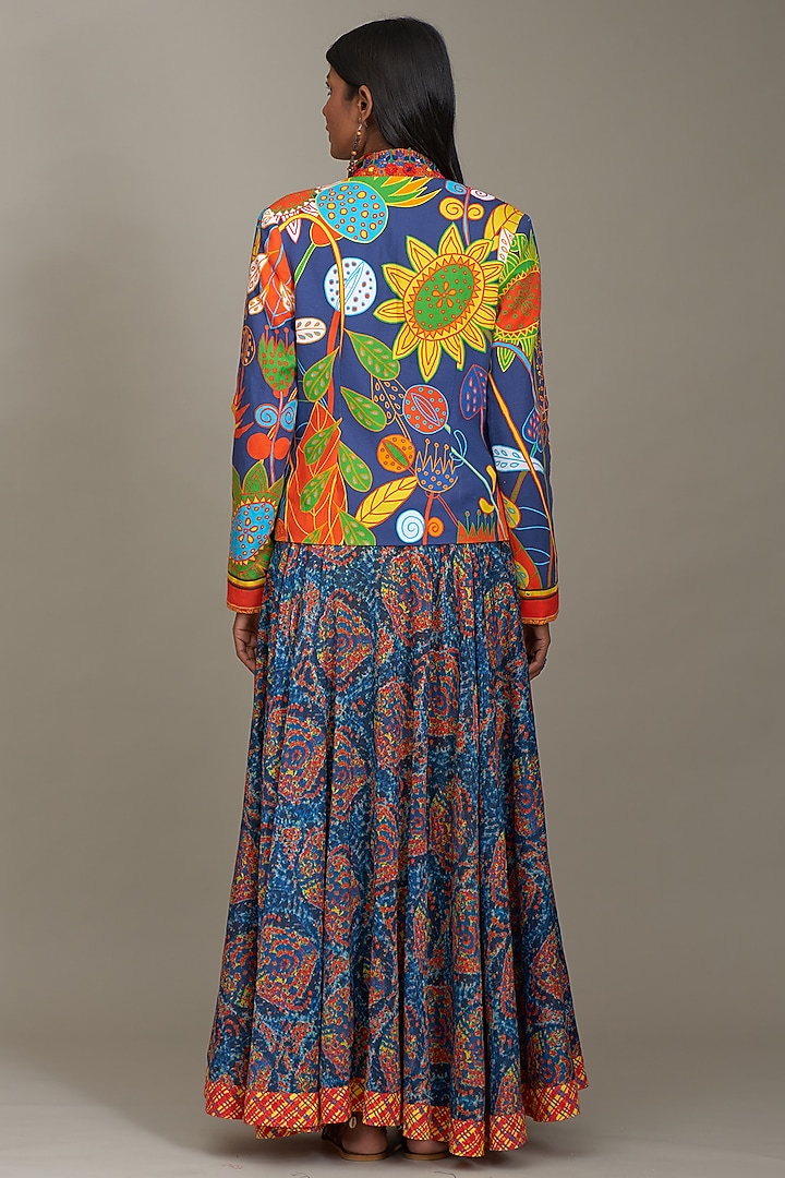 Blue Linen Printed & Embroidered Jacket by Payal Jain at Pernia's Pop Up Shop