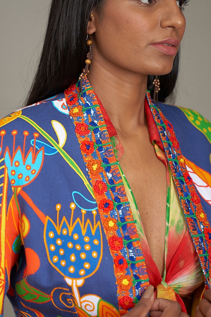 Blue Linen Printed & Embroidered Jacket by Payal Jain at Pernia's Pop Up Shop