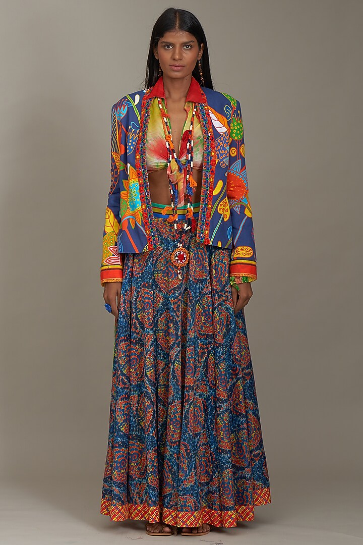 Blue Linen Printed & Embroidered Jacket by Payal Jain at Pernia's Pop Up Shop