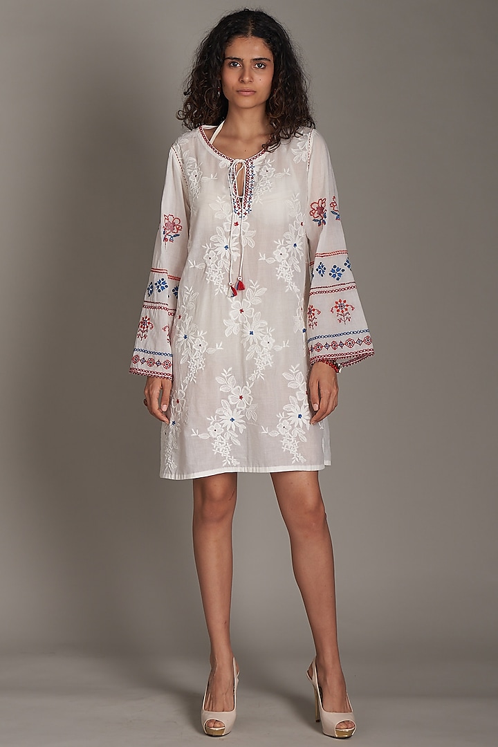 Off-White Cotton Floral Embroidered Dress by Payal Jain