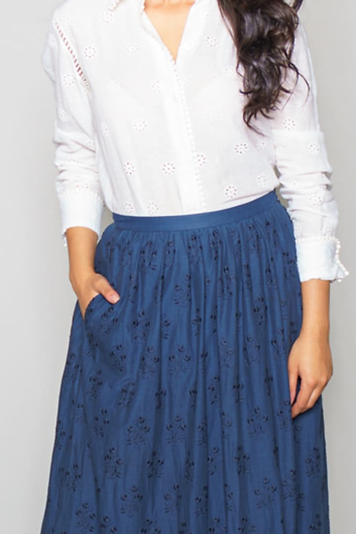 Blue Cotton Cutwork Skirt by Payal Jain at Pernia's Pop Up Shop