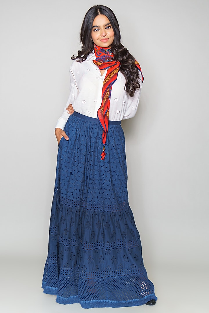 Blue Tiered Cotton Skirt by Payal Jain