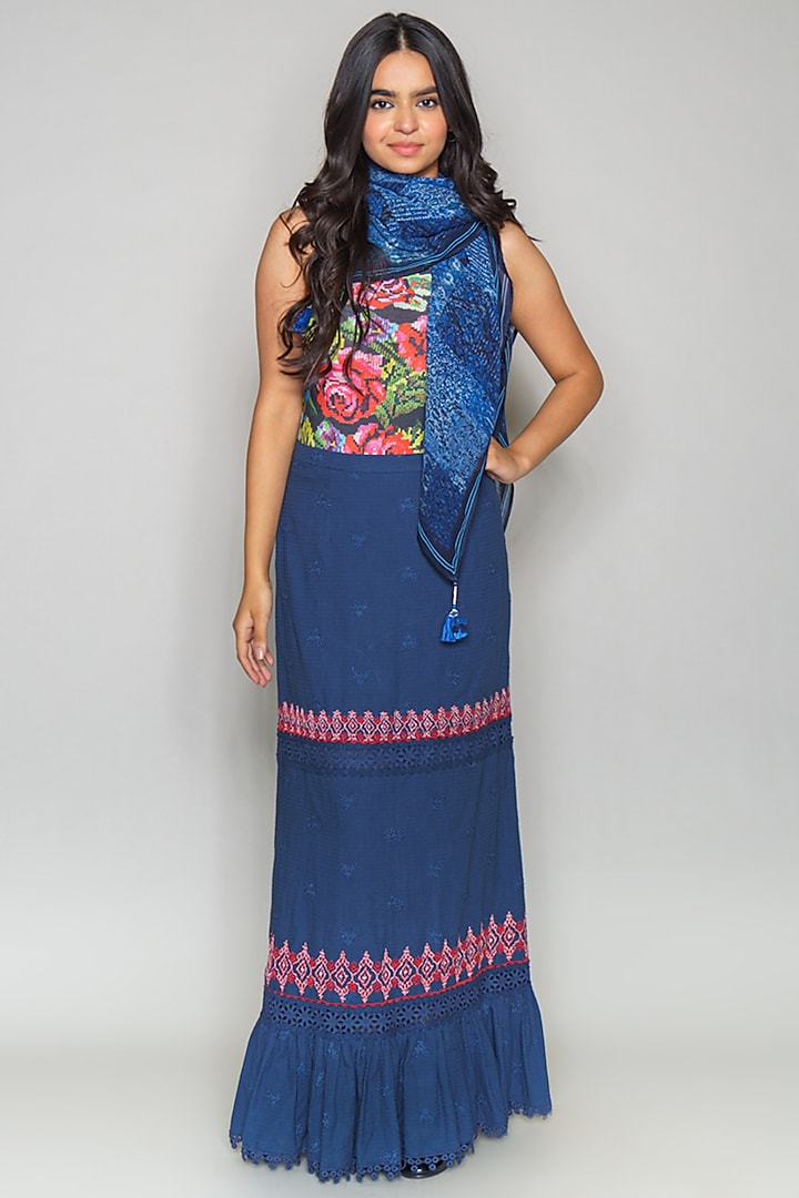 Blue Tiered Cutwork Cotton Skirt by Payal Jain