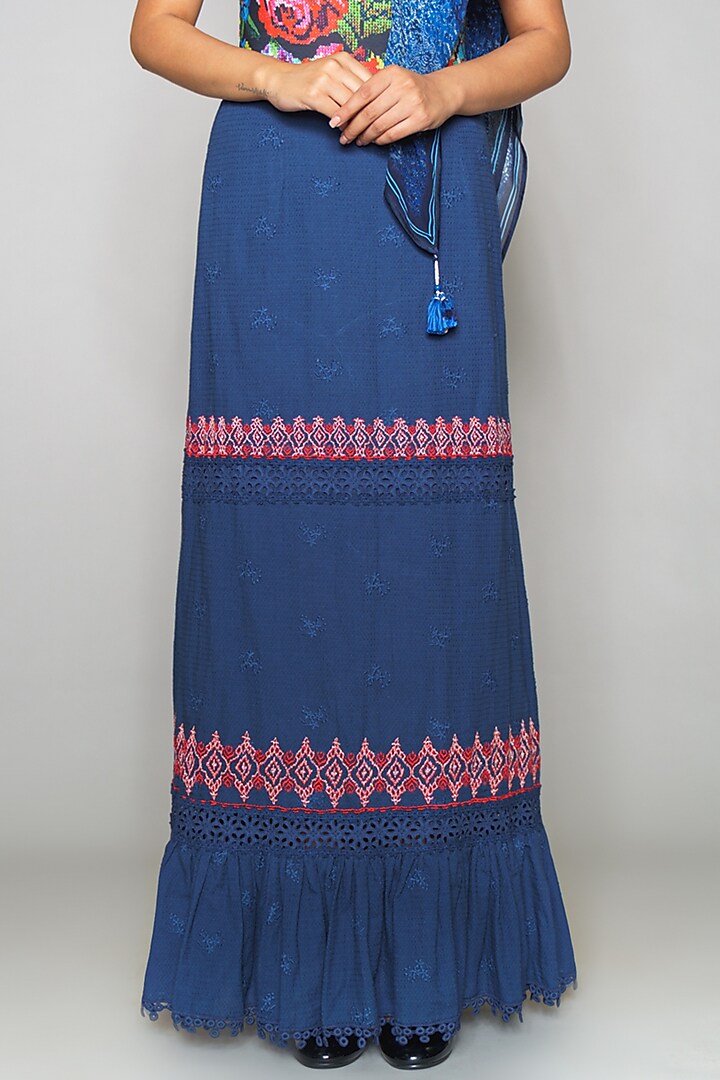 Blue Tiered Cutwork Cotton Skirt by Payal Jain at Pernia's Pop Up Shop