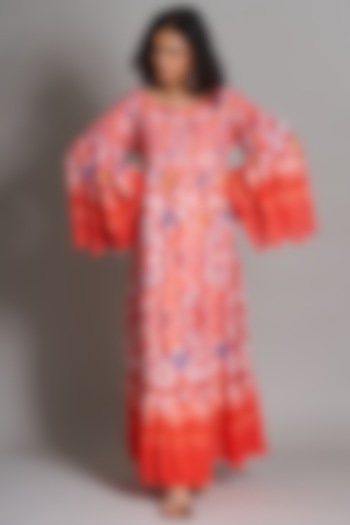 Red Ikat Smocked Tiered Dress by Payal Jain