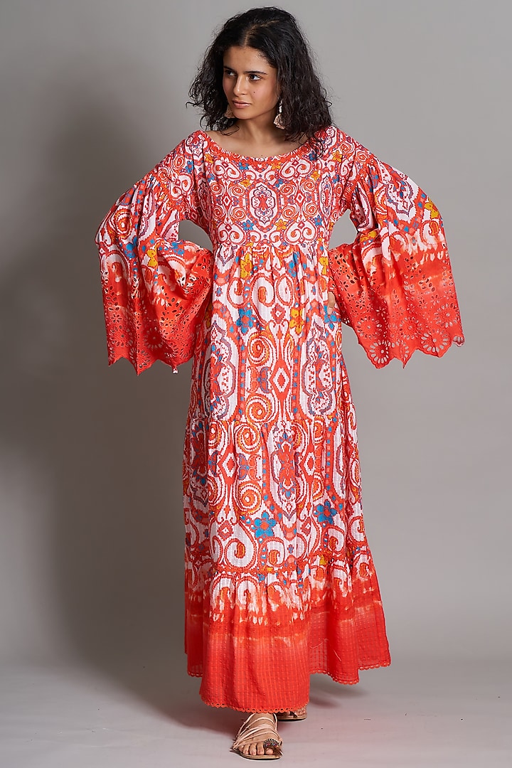 Red Ikat Smocked Tiered Dress by Payal Jain
