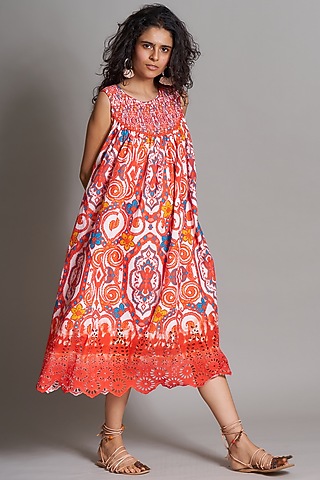 Red Ikat Smocked Dress by Payal Jain