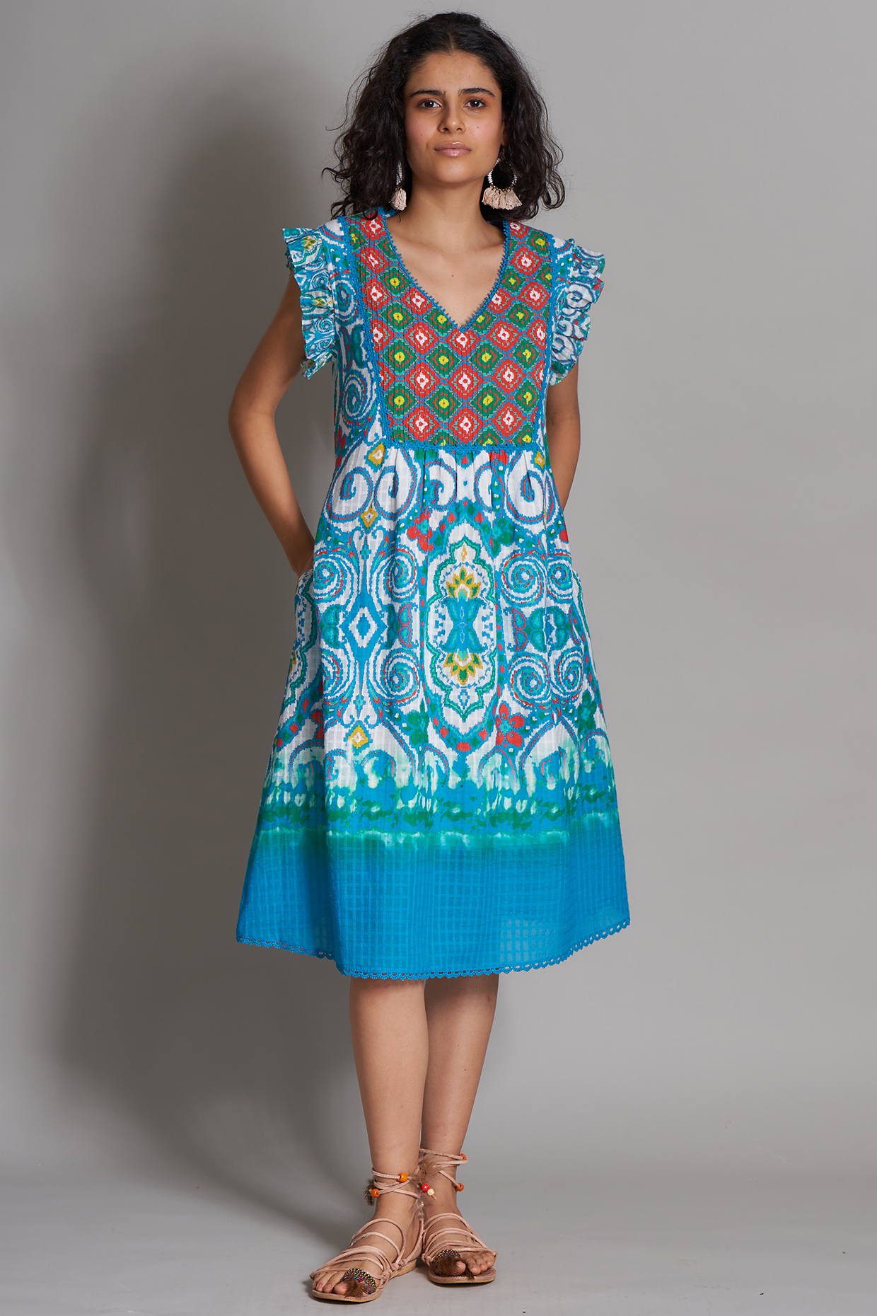 Turquoise Ikat Printed Tunic Dress Design by Payal Jain at