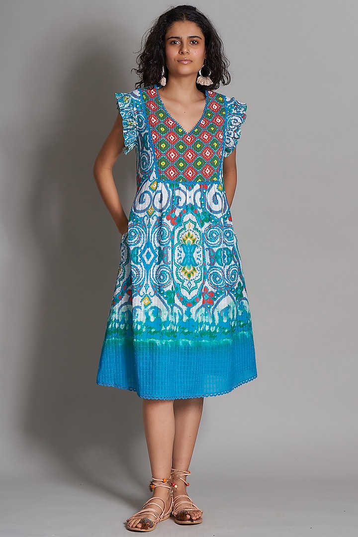Turquoise Ikat Printed Tunic Dress by Payal Jain